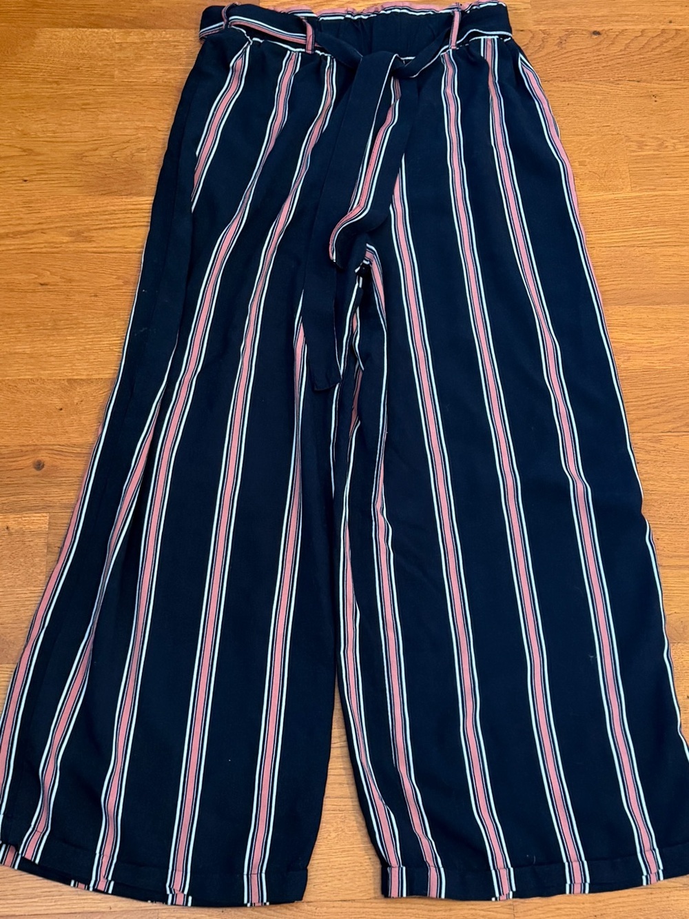 Navy Striped Tie-Waist Wide Leg Pants